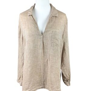 J.Jill Love Linen Top XL Roll Tab Sleeve V-Neck Light Brown 100% Linen